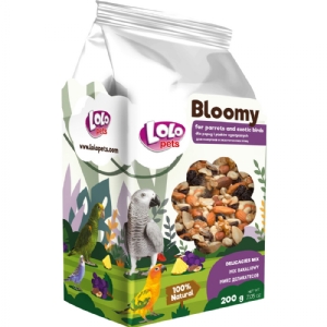 Lolo Bloomy Snack mit Obst und Nüssen für Papageien und kleine exotische Vögel, 200 g.